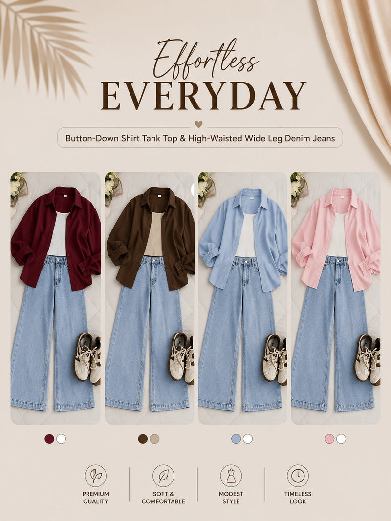 Button-Down Shirt, Crop Tank Top & High-Waisted Wide Leg Denim Jeans