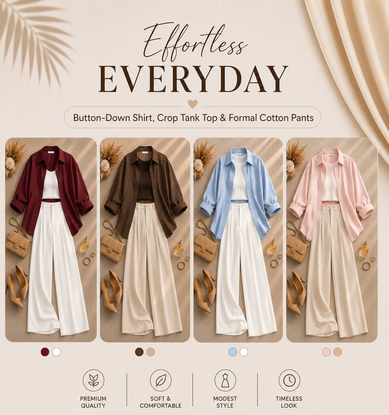 Button-Down Shirt, Crop Tank Top & Formal Cotton Pants