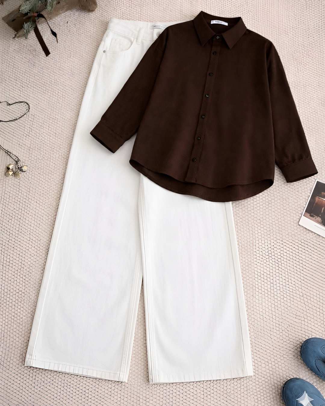 Brown Button Down Shirt & White Wide Leg Jeans