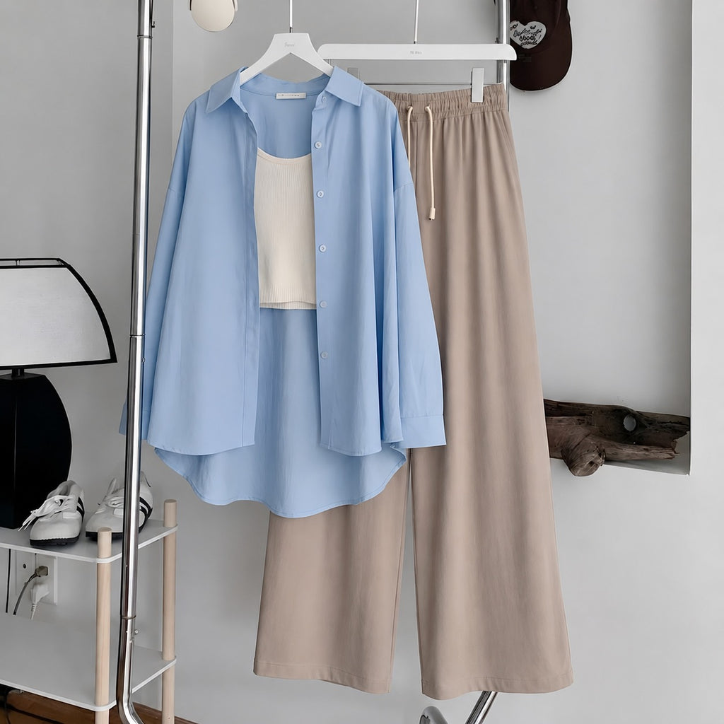 Sky Blue Button-Down Shirt With White Ribbed Knit Tank Top & Beige Flapper Trouser