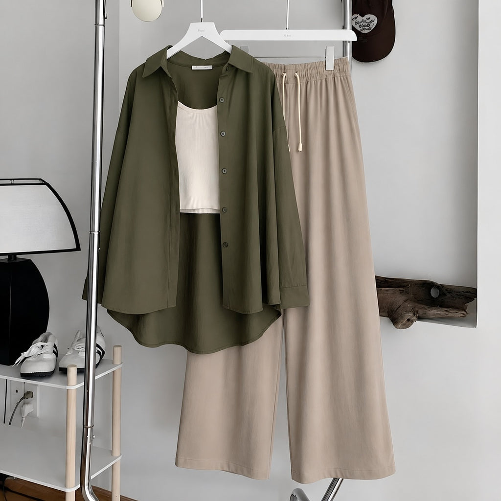 Olive Green Button-Down Shirt With White Ribbed Knit Tank Top & Beige Flapper Trouser
