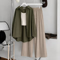 Olive Green Button-Down Shirt With White Ribbed Knit Tank Top & Beige Flapper Trouser