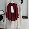 Burgundy Button-Down Shirt With White Ribbed Knit Tank Top & Off-White Flapper Trouser