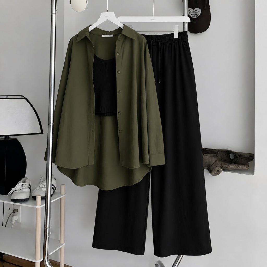 Olive Green Button-Down Shirt With Black Ribbed Knit Tank Top & Black Flapper Trouser