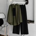 Olive Green Button-Down Shirt With Black Ribbed Knit Tank Top & Black Flapper Trouser