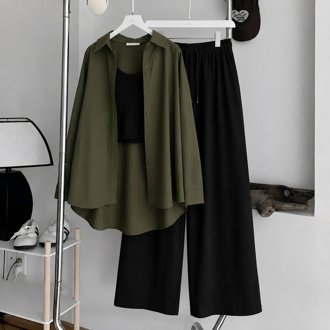 Olive Green Button-Down Shirt With Black Ribbed Knit Tank Top & Black Flapper Trouser