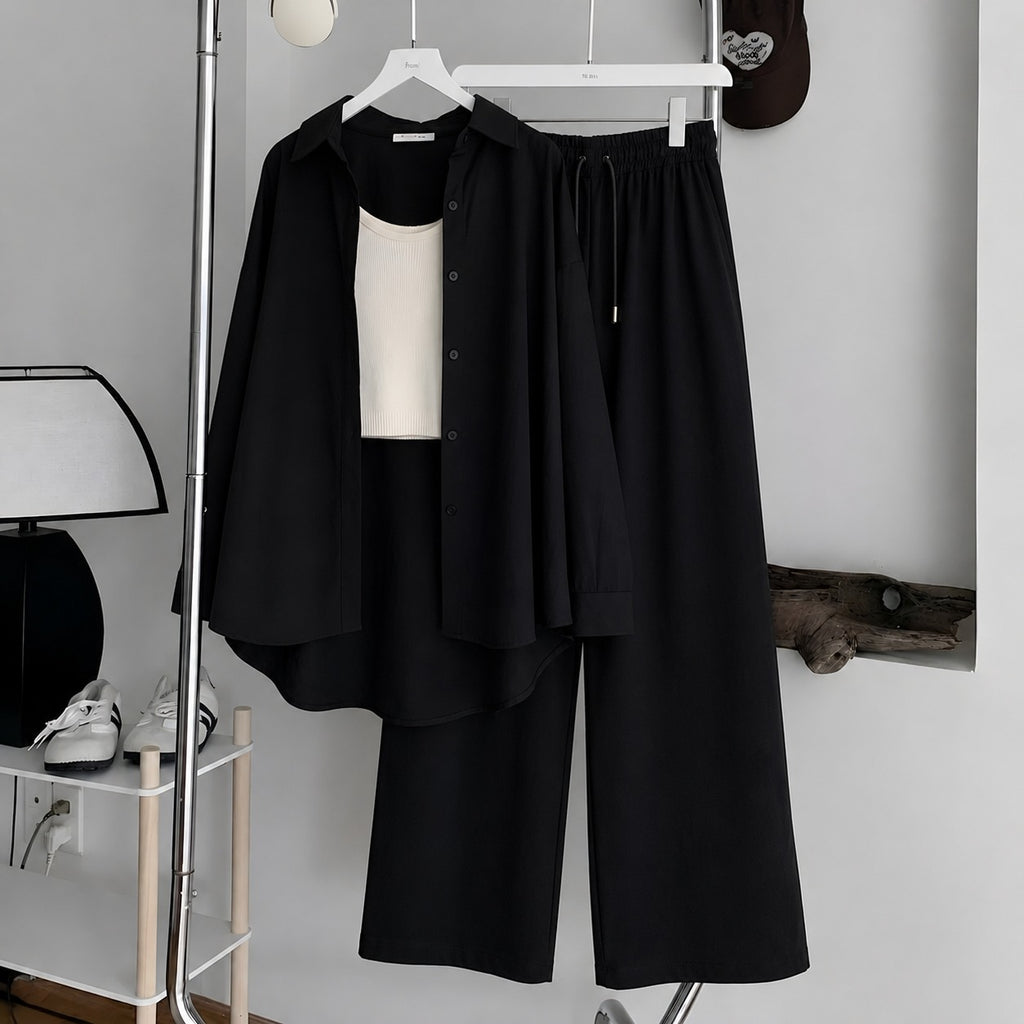 Black Button-Down Shirt With White Ribbed Knit Tank Top & Black Flapper Trouser