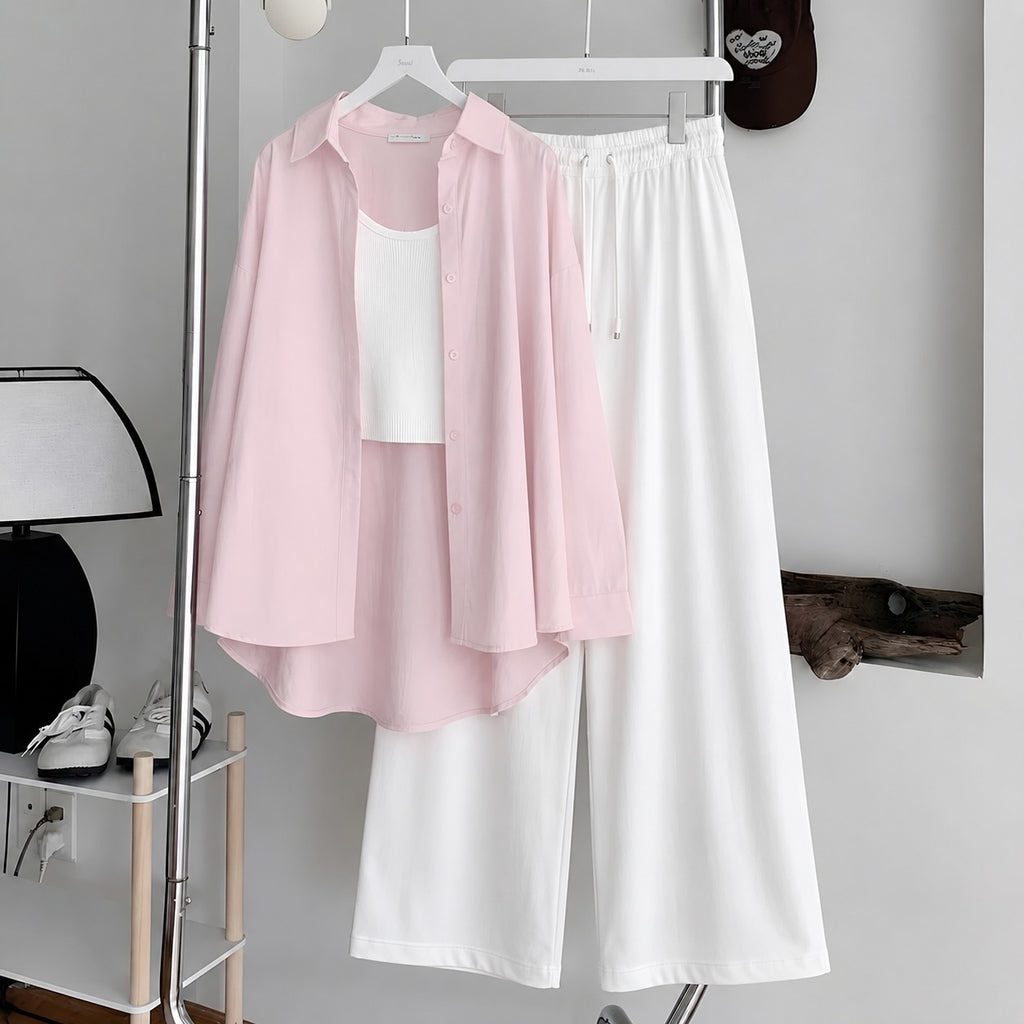 Baby Pink Button-Down Shirt With White Ribbed Knit Tank Top & White Flapper Trouser