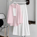 Baby Pink Button-Down Shirt With White Ribbed Knit Tank Top & White Flapper Trouser