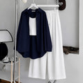 Navy Blue Button-Down Shirt With White Ribbed Knit Tank Top & White Flapper Trouser
