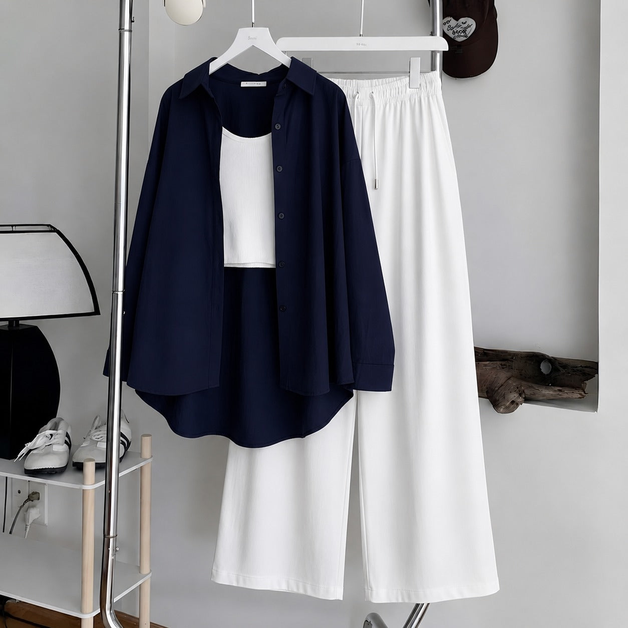 Navy Blue Button-Down Shirt With White Ribbed Knit Tank Top & White Flapper Trouser