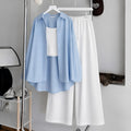 Baby Blue Button-Down Shirt With White Ribbed Knit Tank Top & White Flapper Trouser