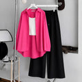 Pink Button-Down Shirt With White Ribbed Knit Tank Top & Black Flapper Trouser