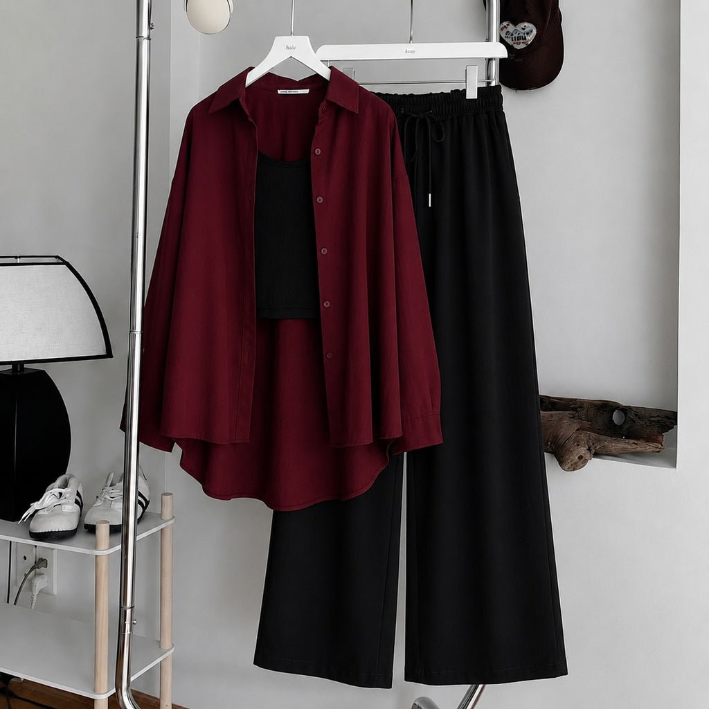 Burgundy Button-Down Shirt With Black Ribbed Knit Tank Top & Black Flapper Trouser