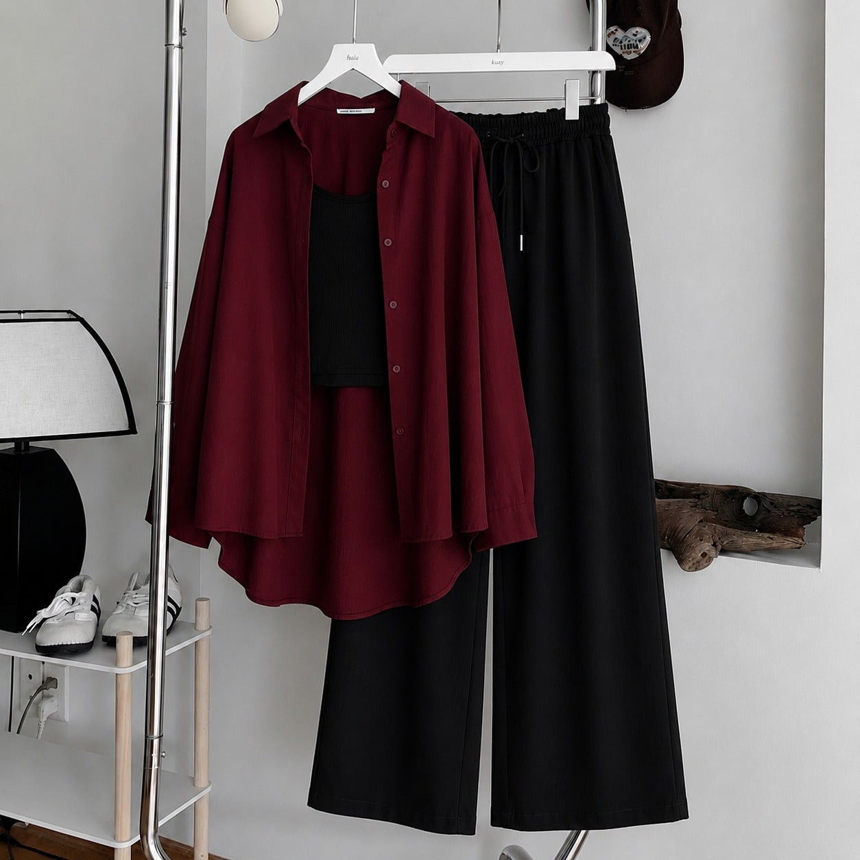 Burgundy Button-Down Shirt With Black Ribbed Knit Tank Top & Black Flapper Trouser