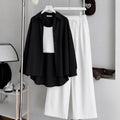 Black Button-Down Shirt With White Ribbed Knit Tank Top & White Flapper Trouser