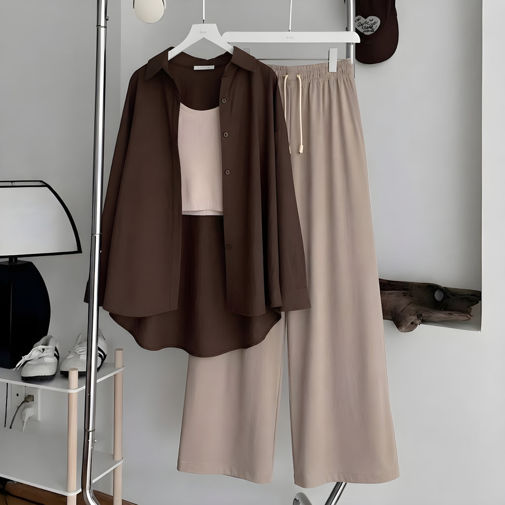 Chocolate Brown Button-Down Shirt With Beige Ribbed Knit Tank Top & Beige Flapper Trouser