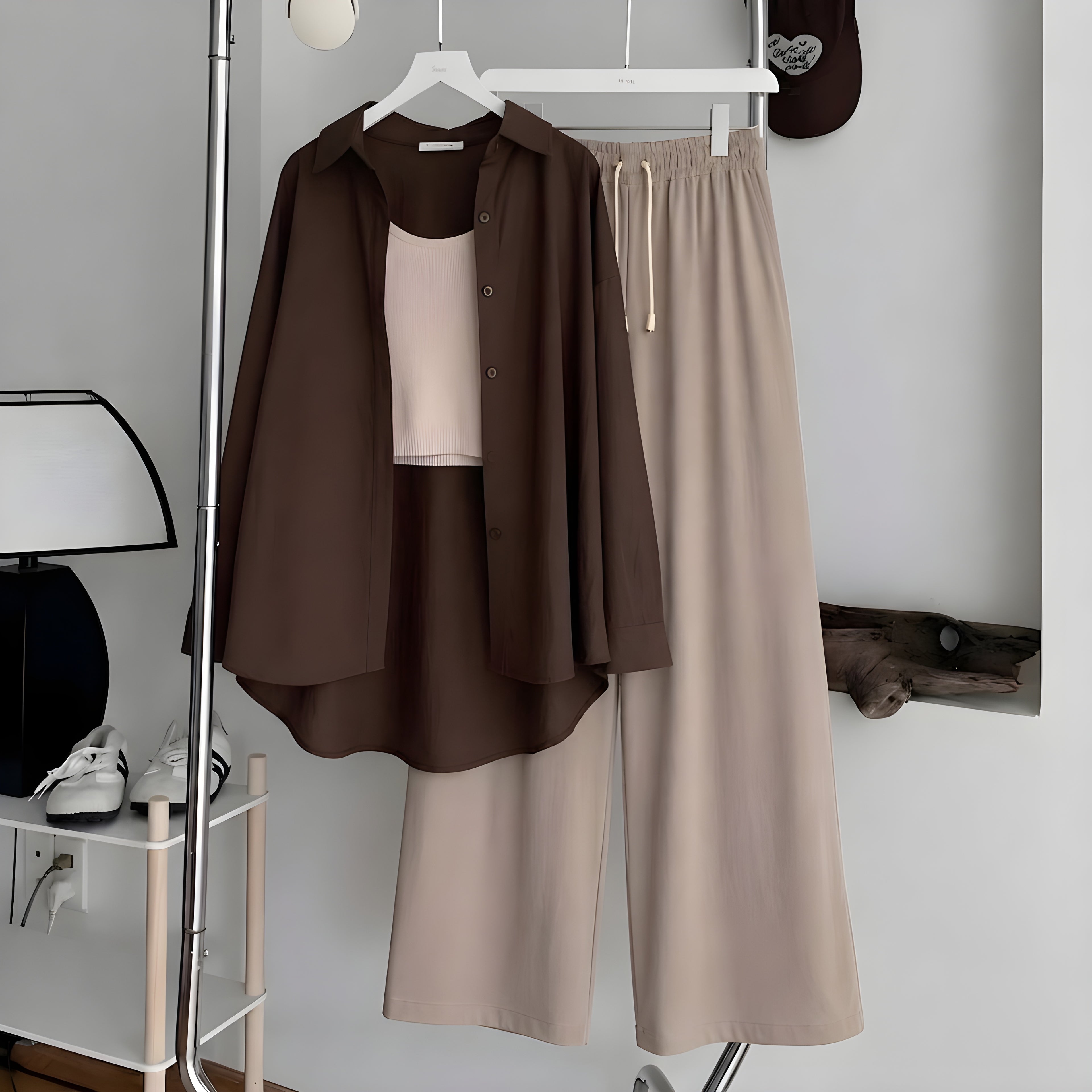 Chocolate Brown Button-Down Shirt With Beige Ribbed Knit Tank Top & Beige Flapper Trouser