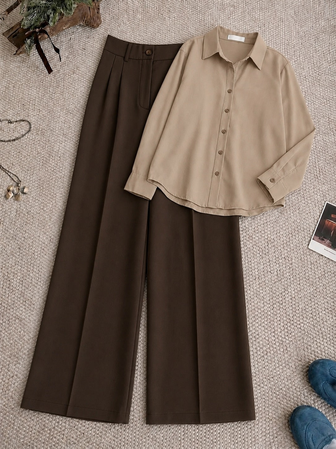 Beige Button-Down Shirt with Chocolate Brown Formal Pants
