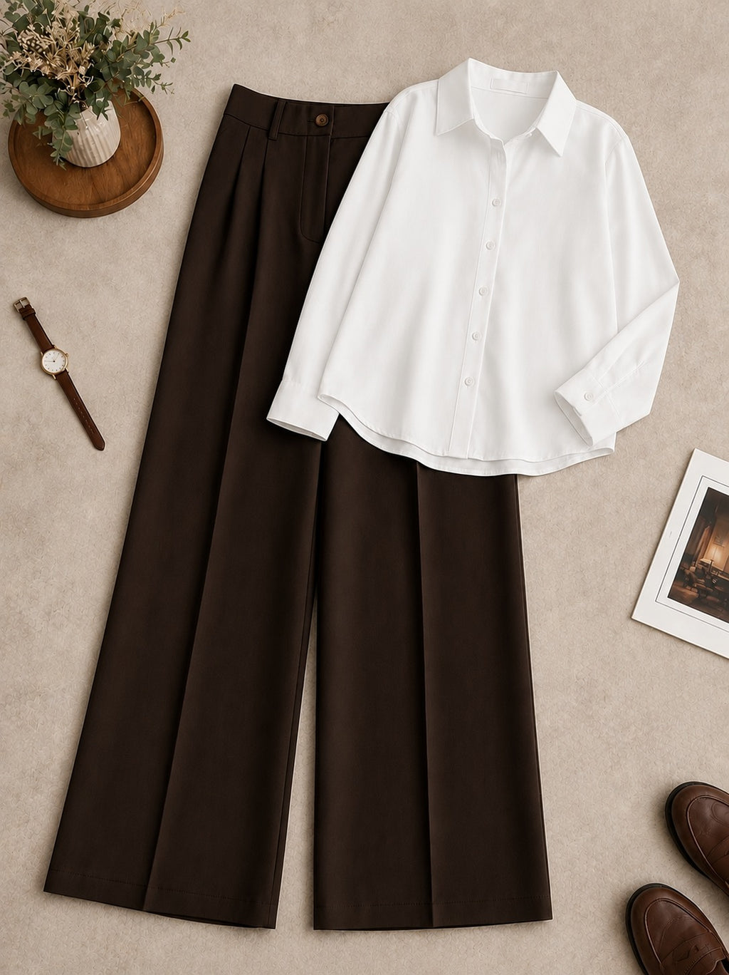 White Button-Down Shirt with Dark Brown Formal Pants