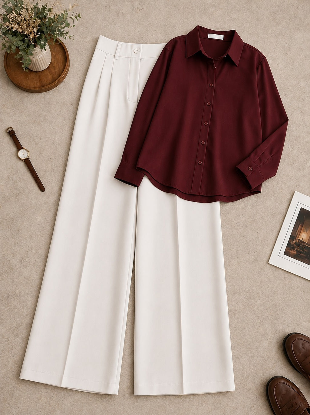 Burgundy Button-Down Shirt with White Formal Pants