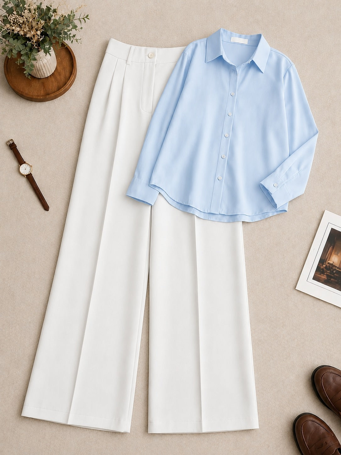 Light Blue Button-Down Shirt with White Formal Pants