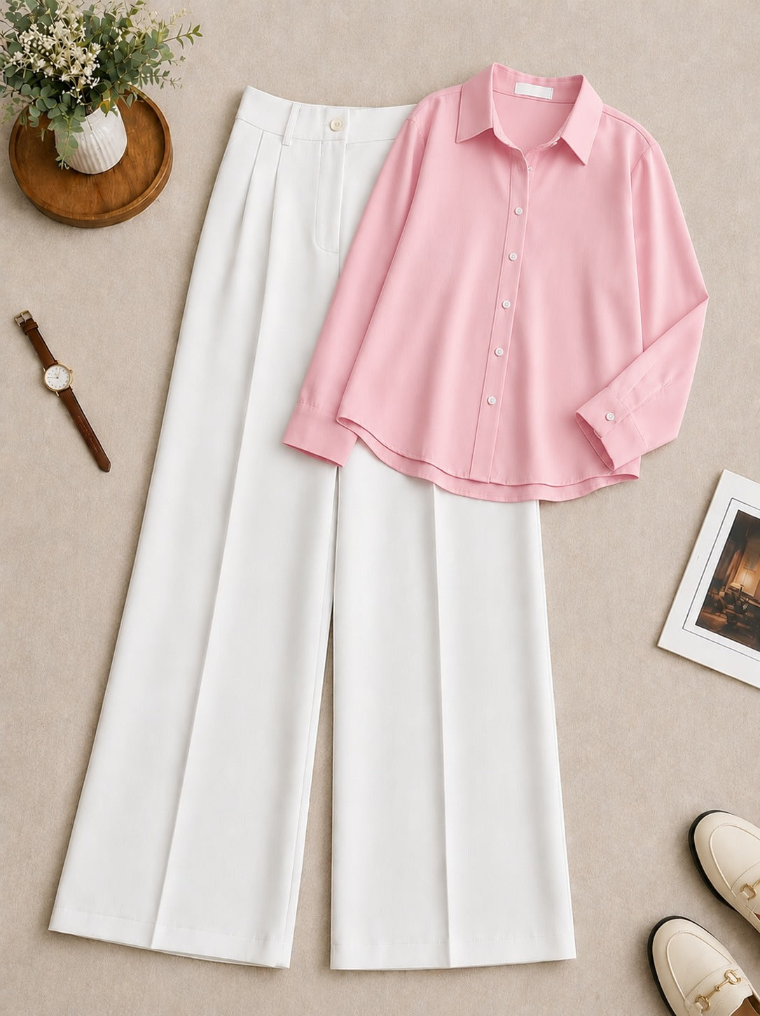 Baby Pink Button-Down Shirt with White Formal Pants