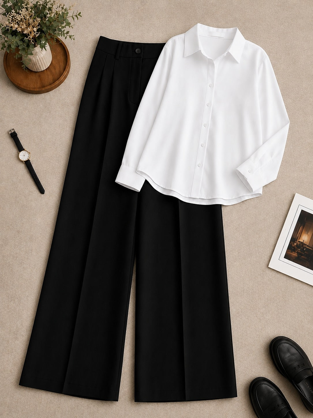 White Button-Down Shirt with Black Formal Pants