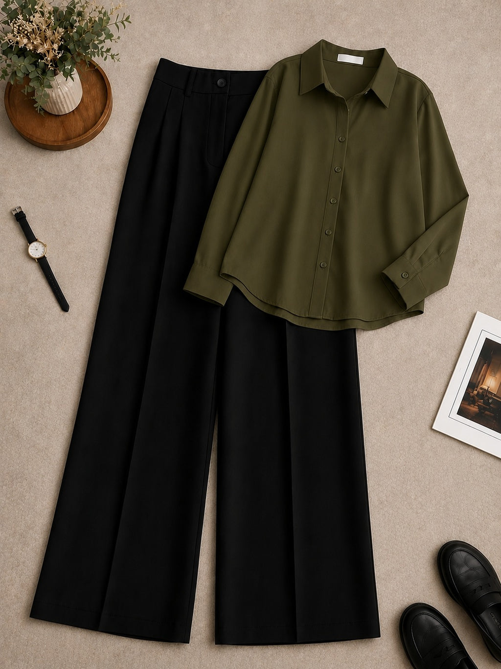 Olive Green Button-Down Shirt with Black Formal Pants
