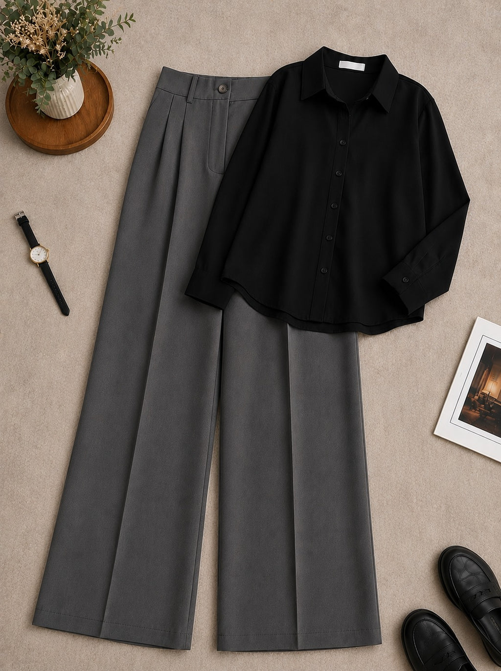 Black Button-Down Shirt with Gray Formal Pants