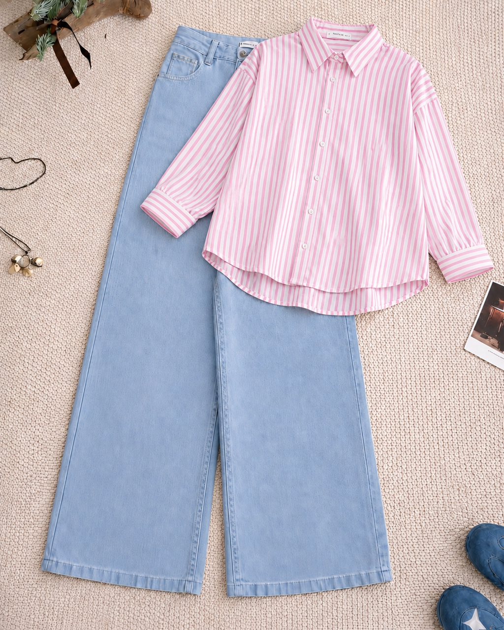 Pink-Lining Button Down Shirt With Ice-Blue Wide Leg Jeans