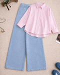 Pink-Lining Button Down Shirt With Ice-Blue Wide Leg Jeans