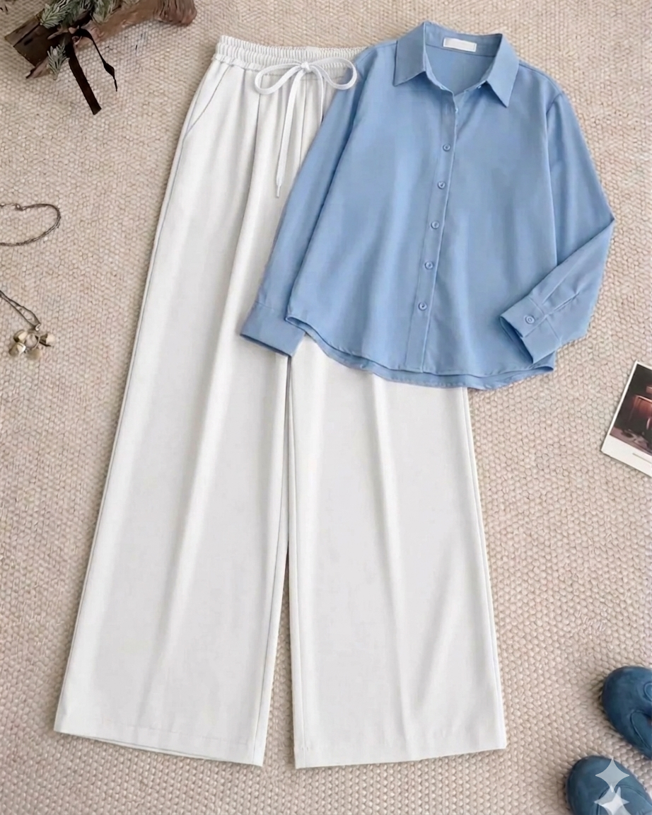 Sky-Blue Button Down Shirt & White Flapper Trouser