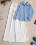 Sky-Blue Button Down Shirt & White Flapper Trouser