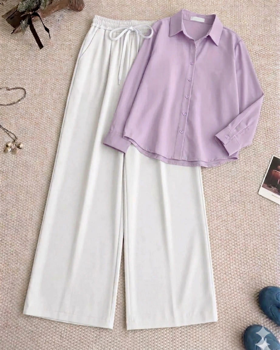 Lilac Button Down Shirt & White Flapper Trouser