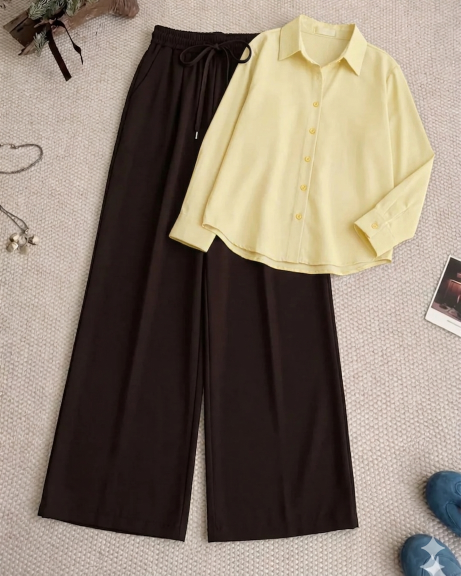 Pale Yellow Button Down Shirt With Dark Brown Flapper Trouser Set