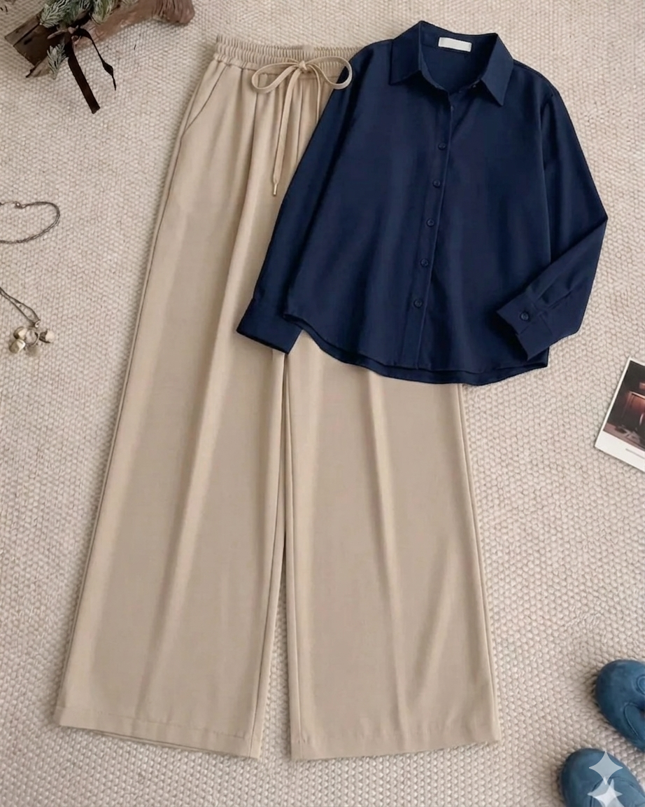 Navy Blue Button Down Shirt With Beige Flapper Trouser Set