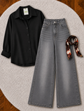 Black Button-Down Shirt & Charcoal Grey Vintage Washed Wide Leg Jeans