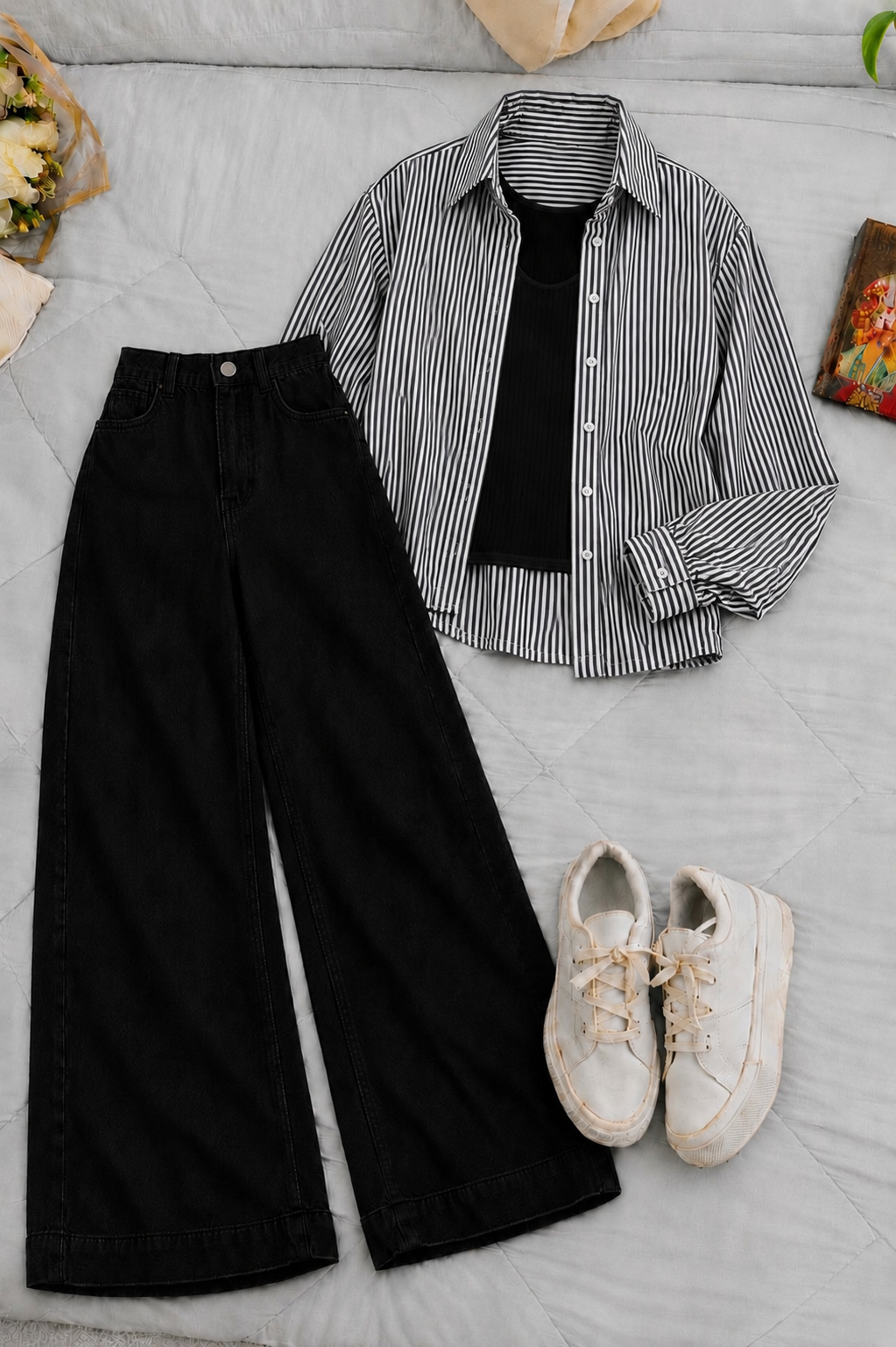 Black Lining Button Down Shirt With Black Inner & Black Wide Leg Jeans