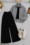 Black Lining Button Down Shirt With Black Inner & Black Wide Leg Jeans