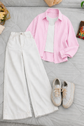 Baby-Pink Lining Button Down Shirt With White Inner & White Wide Leg Jeans