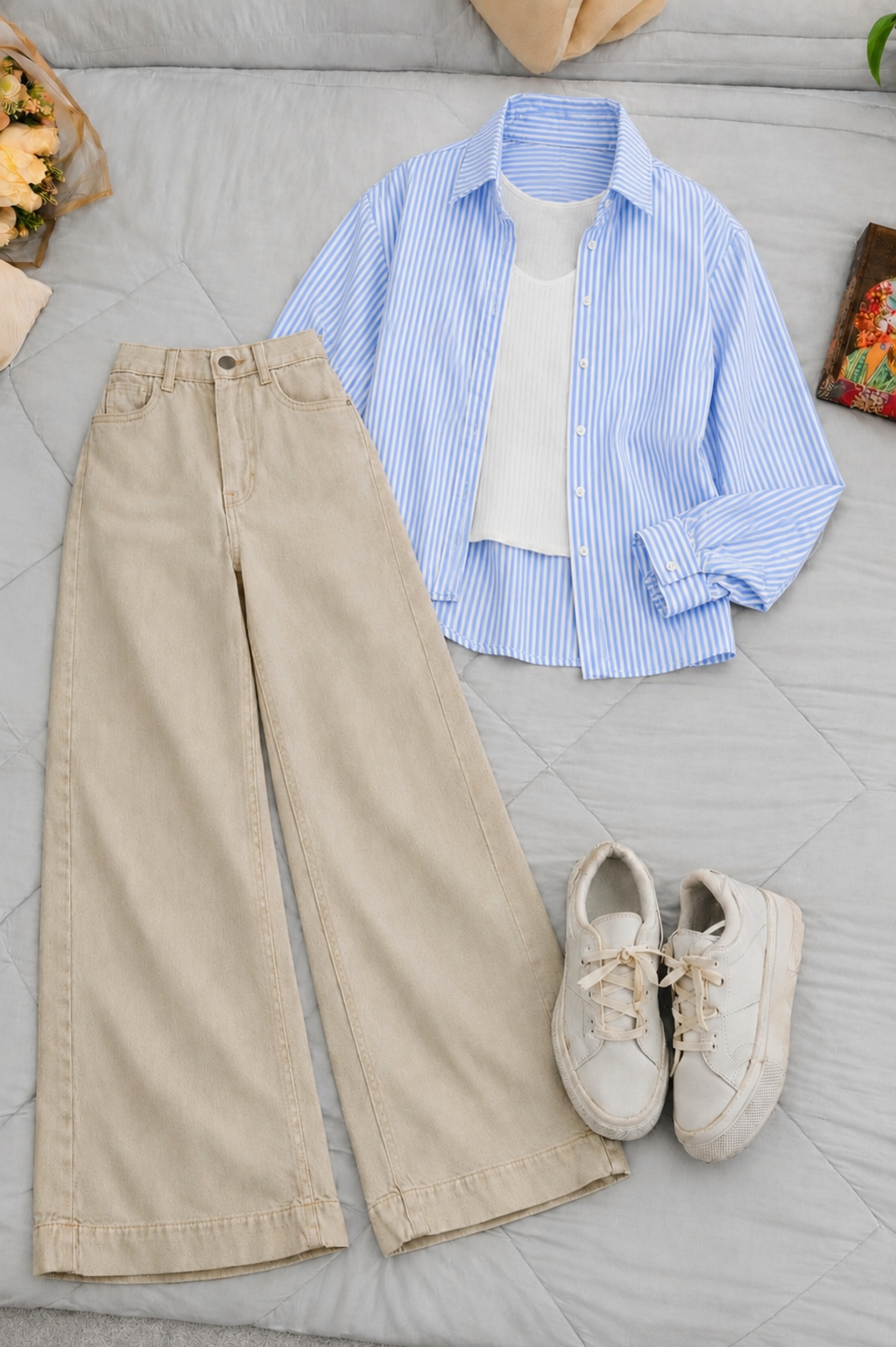Sky-Blue Lining Button Down Shirt With White Inner & Beige Wide Leg Jeans