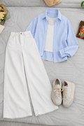 Sky-Blue Lining Button Down Shirt With White Inner & White Wide Leg Jeans