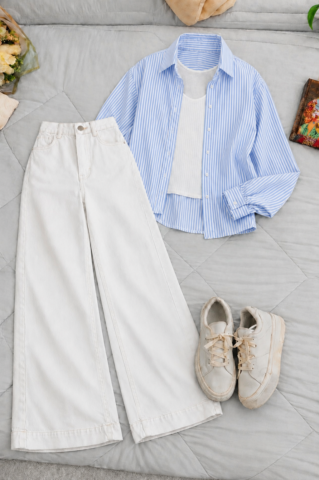 Sky-Blue Lining Button Down Shirt With White Inner & White Wide Leg Jeans
