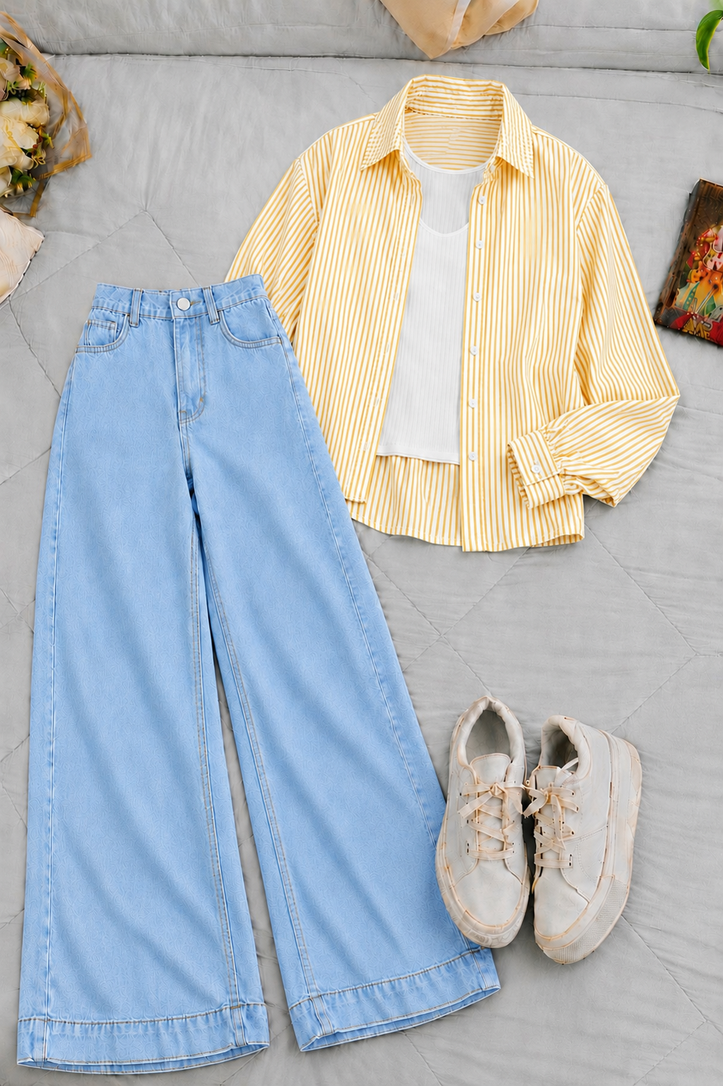 Yellow Lining Button Down Shirt With White Inner & Ice-Blue Wide Leg Jeans