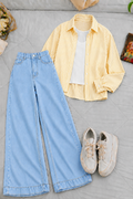 Yellow Lining Button Down Shirt With White Inner & Ice-Blue Wide Leg Jeans