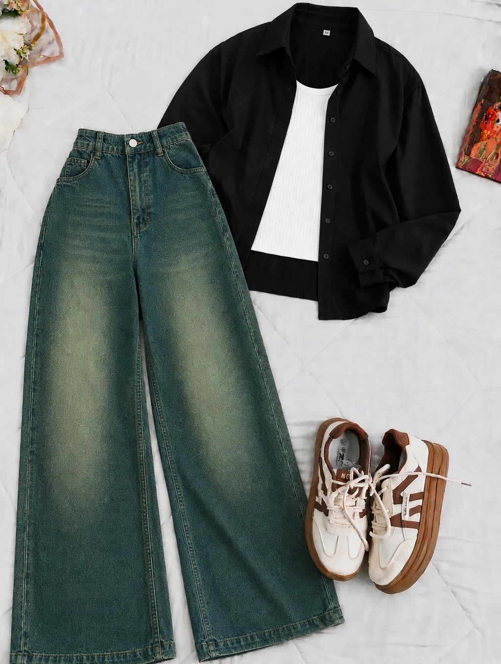 Black Button-Down Shirt With White Crop Tank Top & deep blue-green Vintage Wide Leg Jeans