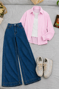 Baby-Pink Lining Button Down Shirt With White Inner & Dark-Blue Wide Leg Jeans