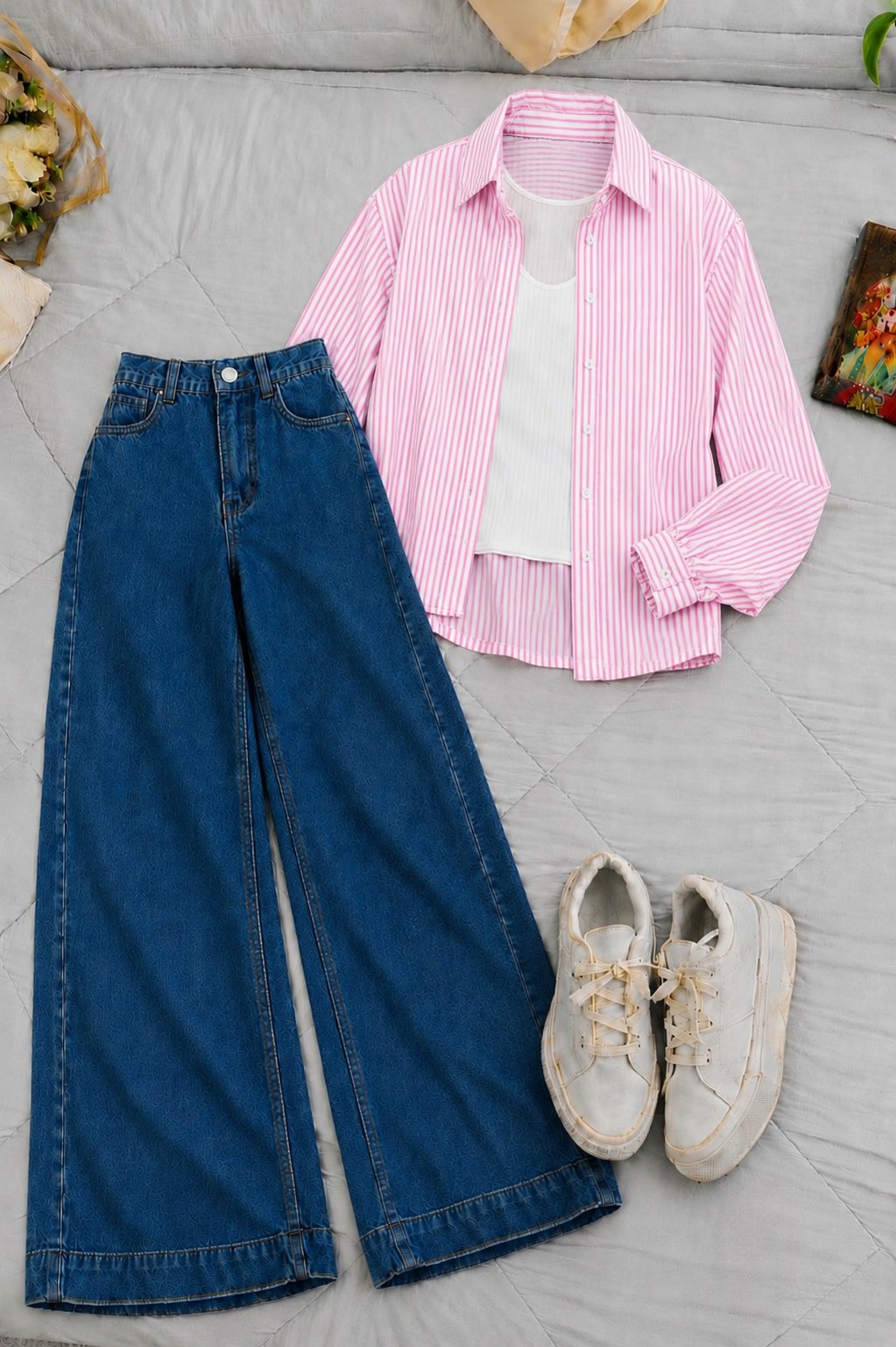 Baby-Pink Lining Button Down Shirt With White Inner & Dark-Blue Wide Leg Jeans