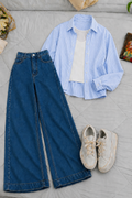 Sky-Blue Lining Button Down Shirt With White Inner & Dark-Blue Wide Leg Jeans